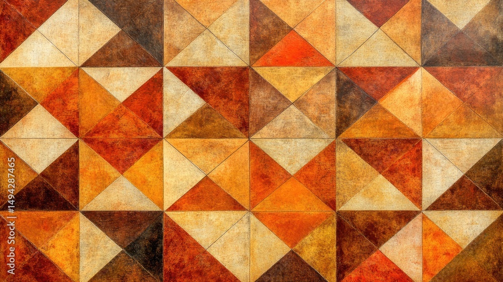 Poster geometric pattern of triangles in warm colors.