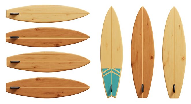 vintage wooden fishboard surfboard collection isolated on white background, retro styles, subject positioned at the top with clear copy space at the bottom for text or design elements