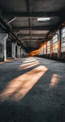 Abandoned Industrial Factory Interior With Sunlight And Shadows