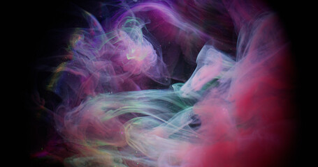Fume explosion. Haze swirl. Colorful mist stream ink in sparkling abstract liquid. Fantasy blur drop dye blend on black background.