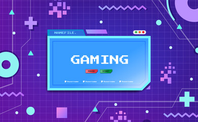 Retro Gaming Screen Interface with Buttons and Pixel Background