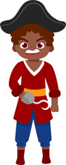 Fototapeta premium Cartoon Boy Dressed as Pirate with Hook Hand and Tricorne Hat, Angry Expression