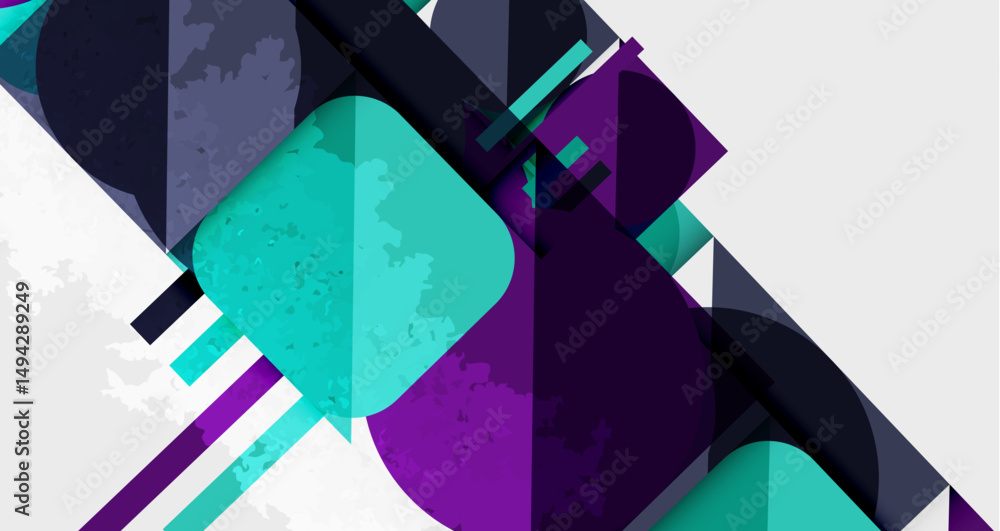 Poster Abstract geometric composition. Turquoise, purple, white shapes overlap creating dynamic visual effect. Modern design elements present.