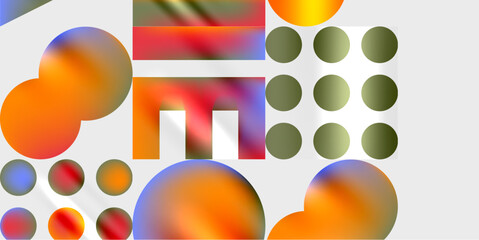 Abstract composition featuring colorful shapes, circles, rectangles. Gradient hues blend, creating dynamic visual effect. Modern design elements present.