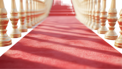 Red carpet hallway with golden railing indoors