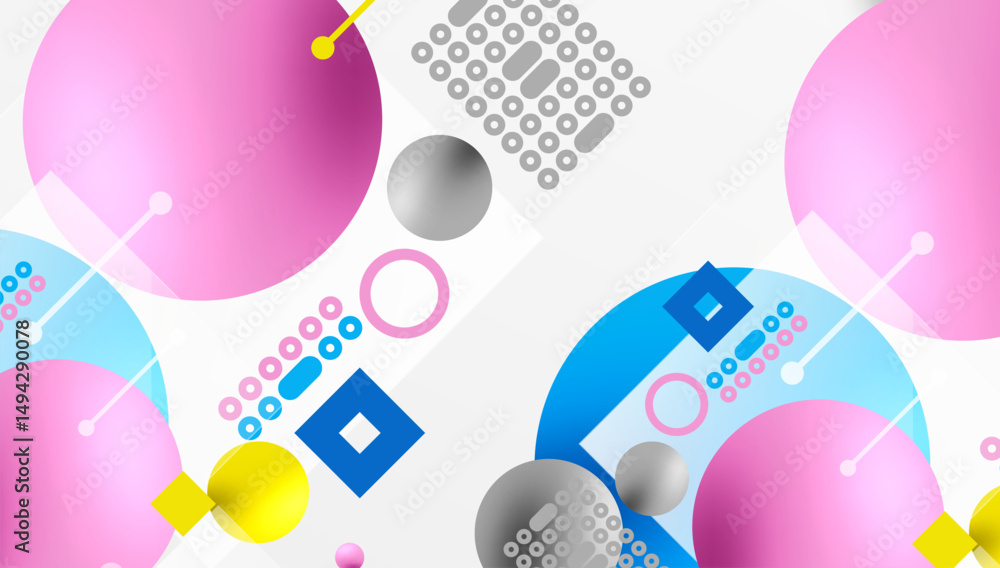Poster abstract geometric composition. circles, squares, lines create playful visual pattern. soft pastel c