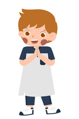 Cartoon Boy in Traditional Garb with Hands Clasped in Greeting.