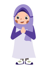 Smiling girl in hijab, hands in greeting gesture, light purple tones, cartoon style.