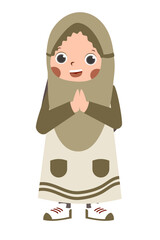 Cartoon girl in hijab, hands pressed together, light brown dress, striped shoes, welcoming pose.