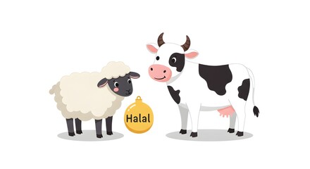 Fototapeta premium Adorable Halal Farm Animals Cow and Sheep Illustration