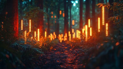 Ethereal Forest Path with Illuminated Posts Emitting Warm Light in Lush Green Environment