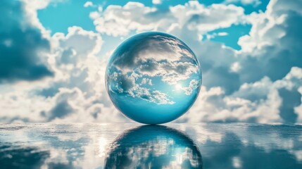 Naklejka premium A glass globe reflects on the water's surface with a blue sky and clouds behind it.