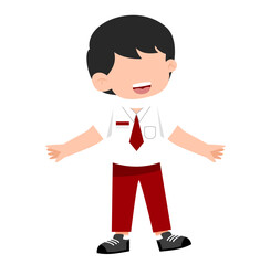 Cartoon Boy in Uniform, Smiling, Arms Outstretched, Isolated.