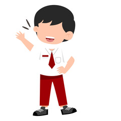 Cartoon Boy in School Uniform Waving Hello, Isolated on White Background.