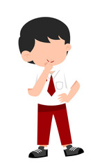 Pensive Schoolboy in Uniform, Finger to Lips, Cartoon Illustration.