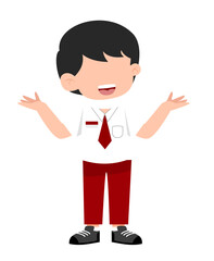 Smiling Student with Open Arms, Indonesian School Uniform, Cartoon Illustration.