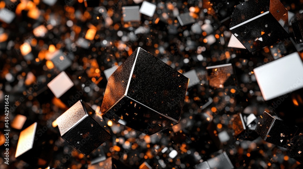 Poster abstract digital composition of floating cubes.