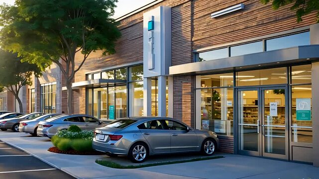 Modern Grocery Store Front with Parked Cars and Green Trees on Sunny Day in Suburban Neighborhood