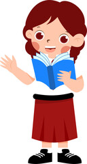 Animated Schoolgirl Reading, Red Skirt, Open Book, Friendly Gesture, Illustration.