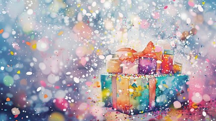 Colorful gift boxes with confetti and bokeh, festive and celebratory