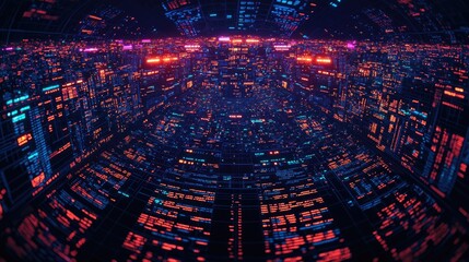 Birds-eye view of a vibrant, buoyant financial market under neon lights, capturing the essence of tunnel vision in bold clarity style.