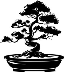 Bonsai Tree Vector, Minimalist Black and White Plant Silhouette Illustration