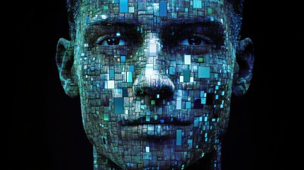 Digital man, mosaic face, dark background, AI concept, tech ad