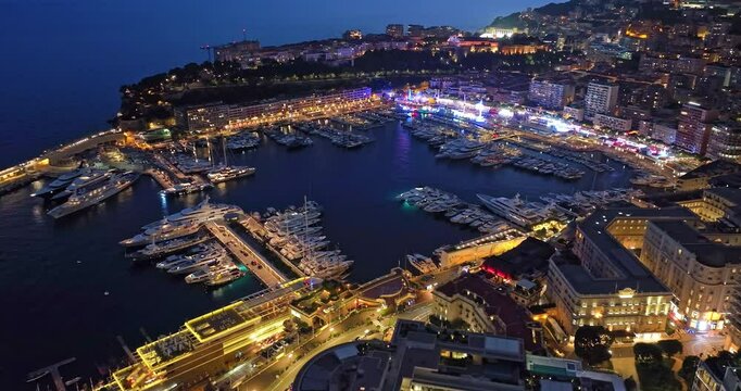 Aerial view of city centre of Monaco with night lights. France 