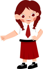 Fototapeta premium Animated Schoolgirl with Braids, Red Skirt, and Pointing Gesture.