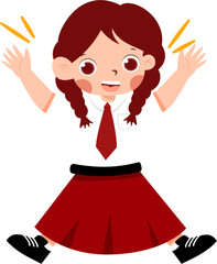 Fototapeta premium Excited Cartoon Girl in School Uniform with Braids, Hands Raised.