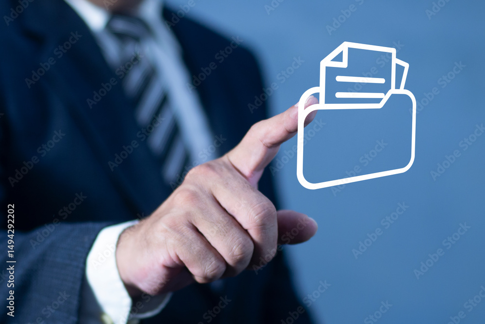 Aufkleber businessman touching icon folder. document management system. dms, document management system concep