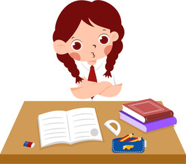 Pensive girl at desk with open book, pencils, and stacked textbooks, illustration.