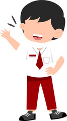Cheerful Schoolboy Waving, Red and White Uniform, Faceless Cartoon Character, Isolated.