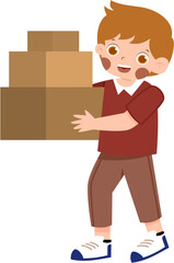 Ginger-haired boy carrying stack of brown cardboard boxes, smiling, vector illustration.