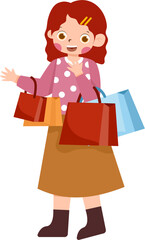 Smiling woman with shopping bags, polka dot sweater, and brown skirt.