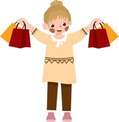 Happy shopper with blonde hair bun holding shopping bags.
