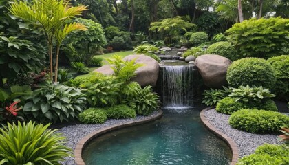 Serene Waterfall Oasis: A Lush Tropical Garden Paradise