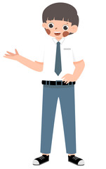 Illustration of a Smiling Student in Uniform with an Open Palm Gesture.