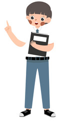 Cartoon Schoolboy Pointing Up, Holding Notebook, Light Skin, Dark Hair, Blue Pants.