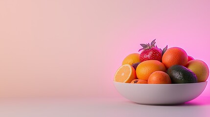 Create an electrifying scene of a bountiful fruit bowl glowing with neon hues on a radiant white backdrop, illuminated by floodlights from within the fruits, 
