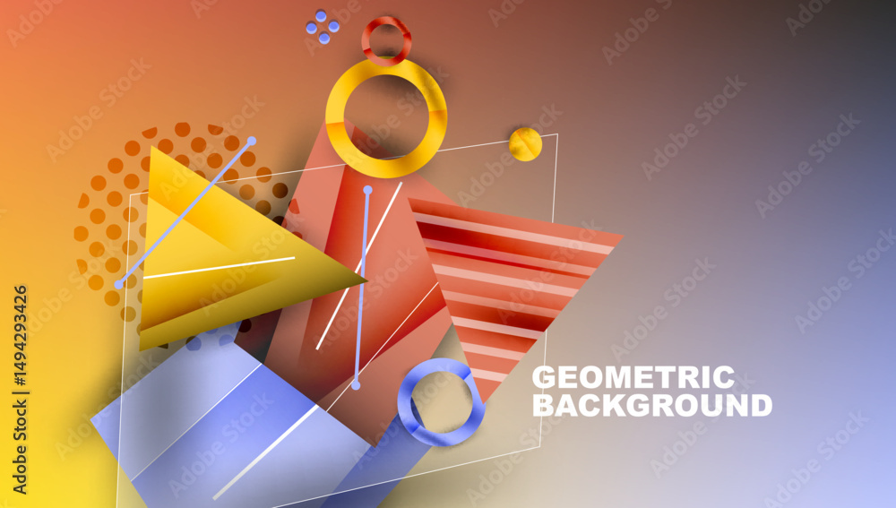 Fototapete Abstract geometric shapes overlap, creating vibrant gradient background. Yellow, blue, orange tones dominate composition. Modern design element.