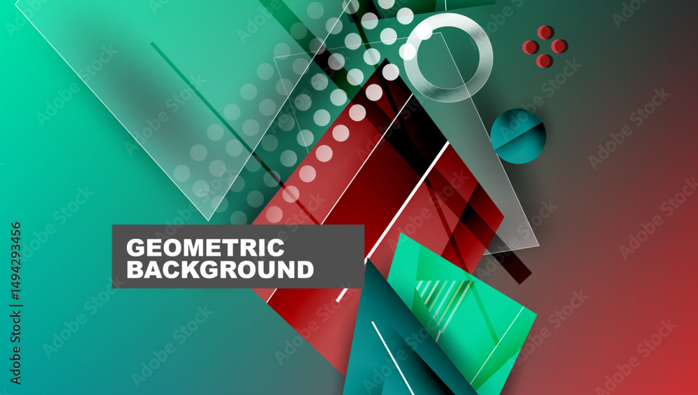 Poster abstract geometric background features overlapping shapes, gradients. teal, red hues dominate design