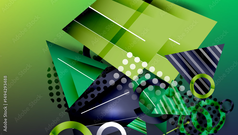 Poster Abstract geometric composition. Green, dark shades dominate. Shapes overlap, creating dynamic visual effect. Dots, lines add texture.