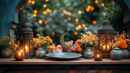 Obraz premium A shelf beautifully adorned with Ramadan decorations, featuring colorful ceramic vases, lanterns and floral