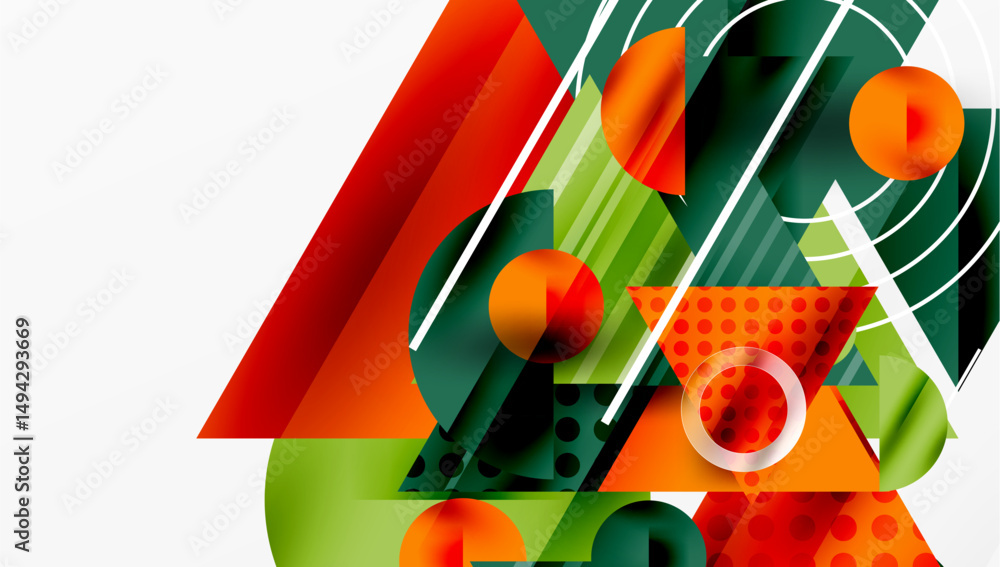 Poster Abstract geometric composition. Overlapping shapes create dynamic visual effect. Bright colors contrast with white background. Modern design.