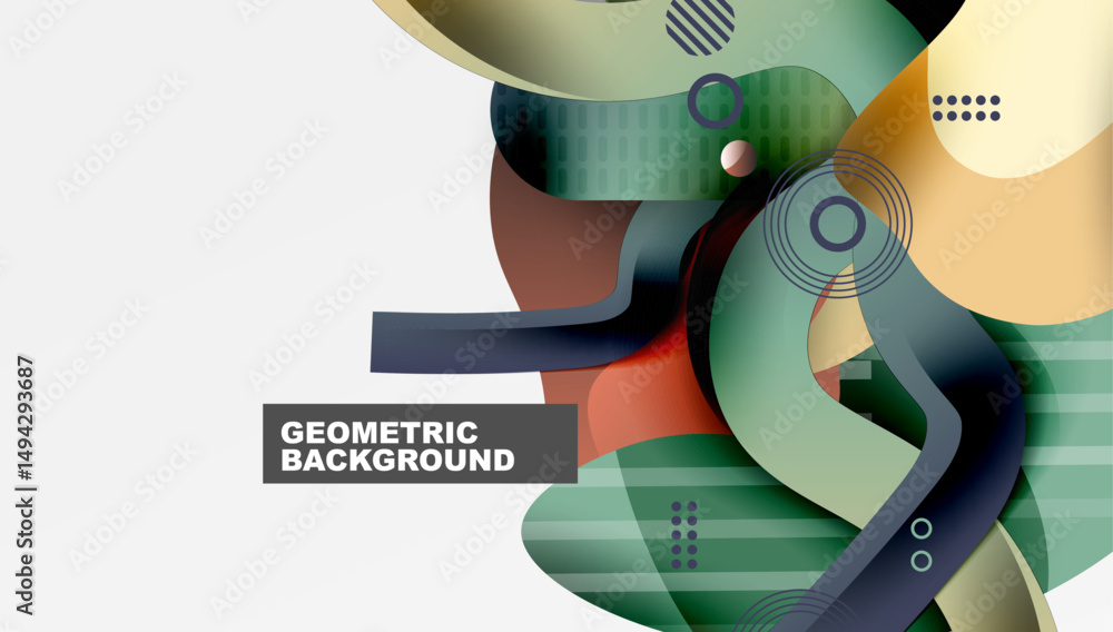 Aufkleber Abstract geometric shapes overlap, creating dynamic composition. Colors include green, brown, orange, blue tones. Modern design element.