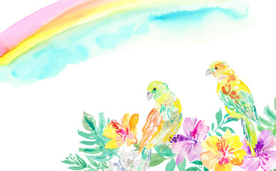 Abstract watercolor vector illustration of purple and yellow hibiscus, monstera, parrots, and tropical plants for background use. Hand-drawn frame with tropical flowers, birds and a rainbow.
