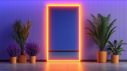 Create a sleek, minimalist home with neon glow accents, Use bright soft lavender, solar flare lighting, and mirror reflections for a festive, stylish vibe.