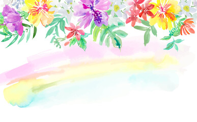 Abstract watercolor vector illustration of purple and yellow hibiscus flowers, monstera, and tropical plants for background use. Hand-drawn frame with tropical flowers and a rainbow. © Sawango