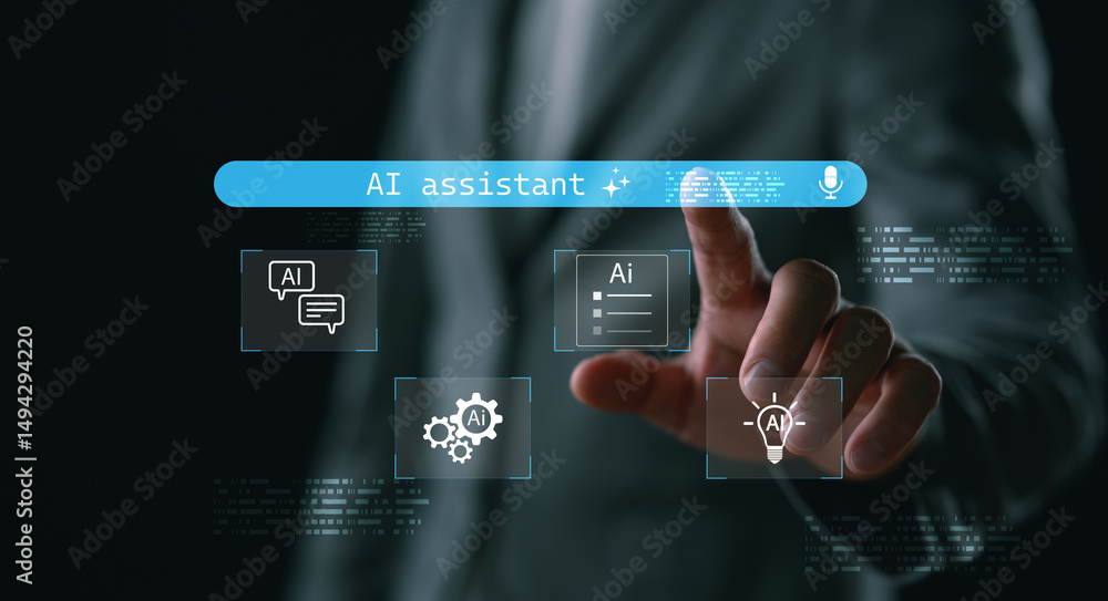 Poster AI assistant and digital innovation concept. A businessman interacts with virtual search bar and artificial intelligence icons, symbolizing smart automation, machine learning, and voice technology.
